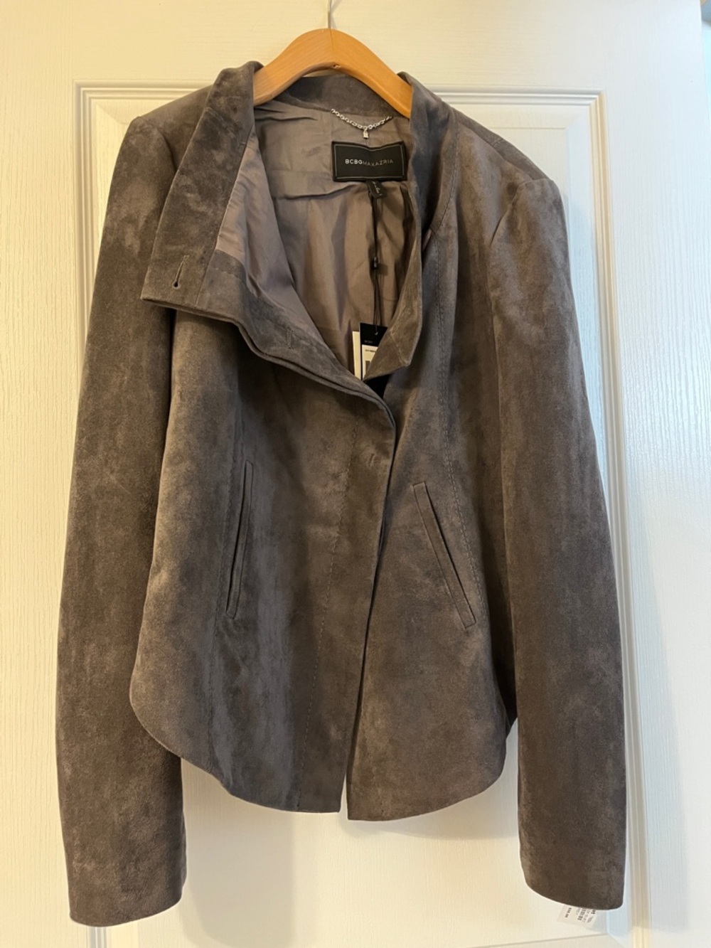 BCBGMaxAzria Gray Faux Suede Open-Front Leather Jacket